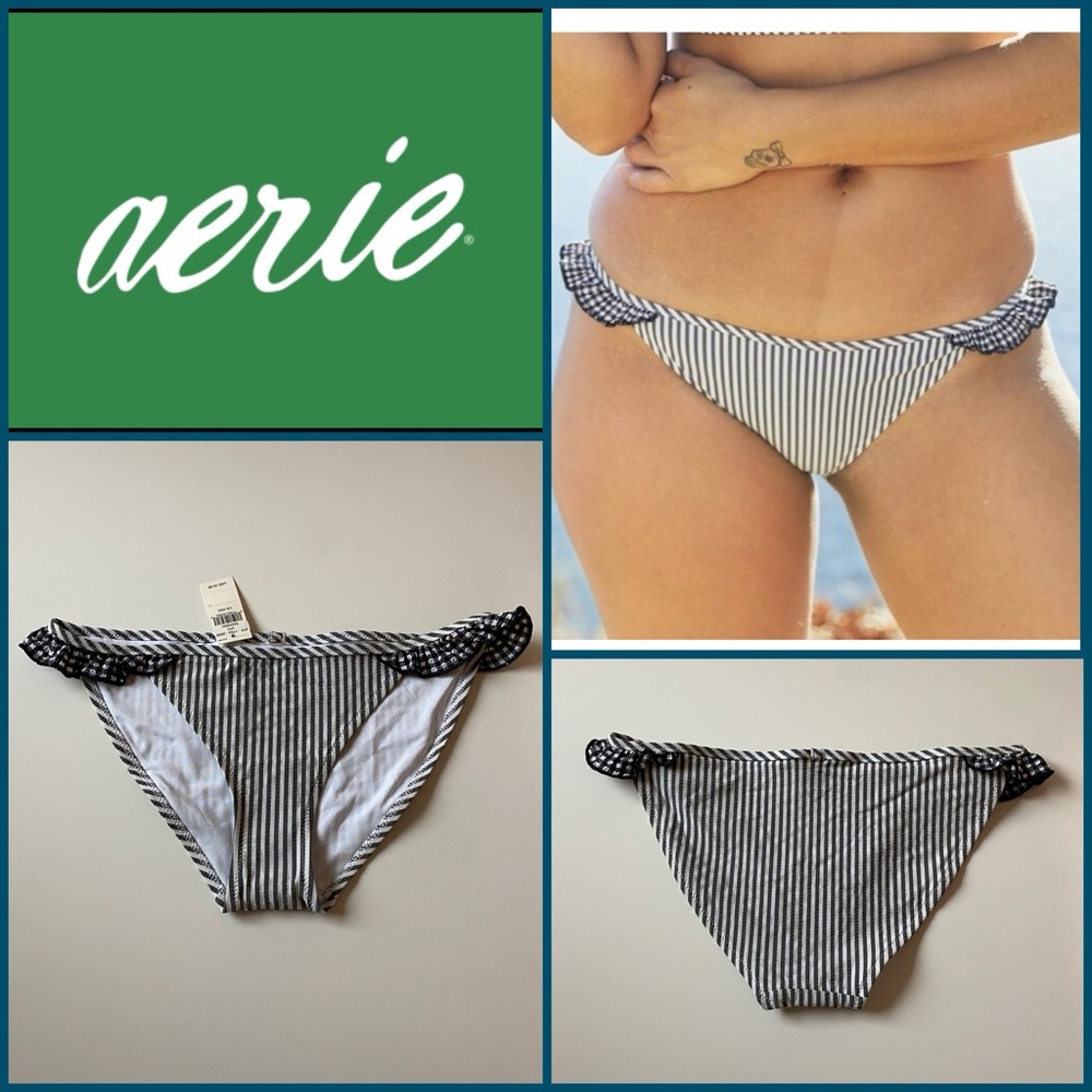 Aerie Seersucker Ruffle Bikini Bottom black and white combo NWT